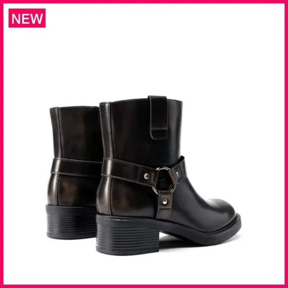 Women's Ankle Booties Motorcycle Boots Chunky Heel Side Zipper Buckles - Picture 7 of 8